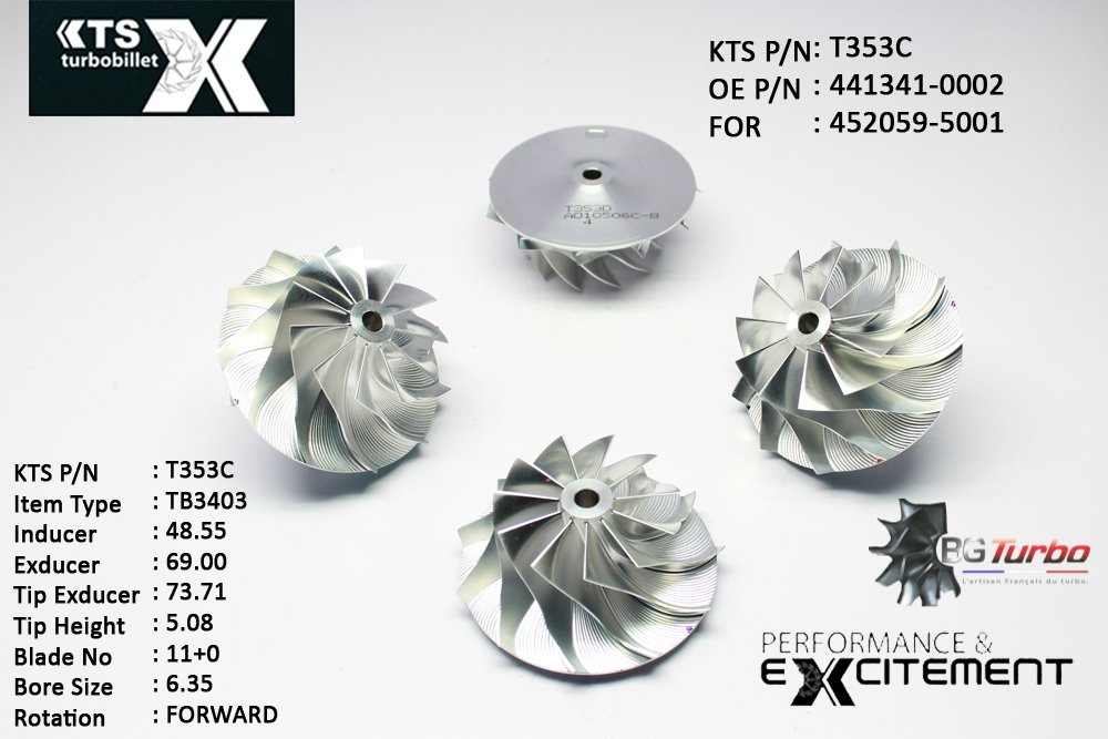 Turbo ROUE FORGÉE MFS PERFORMANCE - 11+0 PALES - INDUCER : 48,55 - EXDUCER : 69 - TYPE : TB3403ANGLE : 65° - ROTATION : Forward - SUPER BACK : 3,71 - BORE SIZE : 6,35
